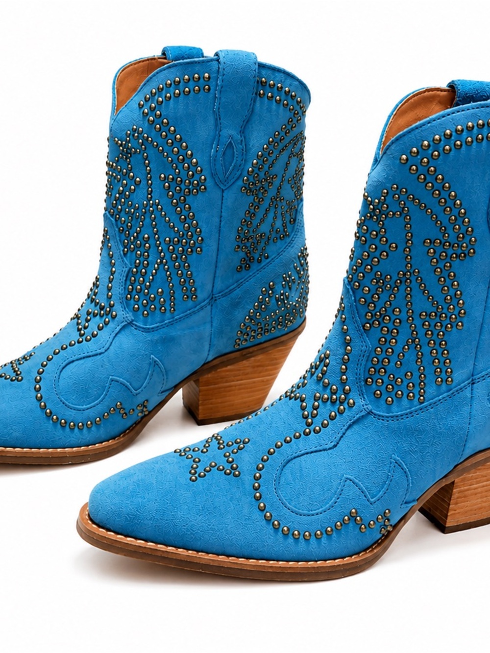 Turquoise Blue Studded Suede Western Cowboy Boots - Picture 3 of 3